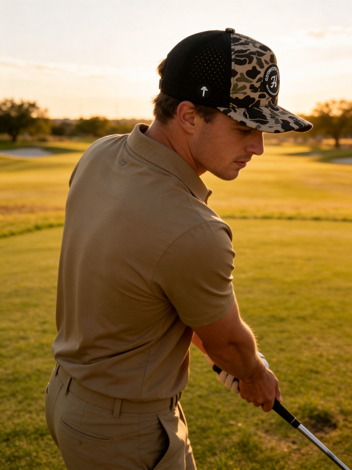 Golfer in a duck camo Howdy Golf Crew hat on a golden-hour fairway