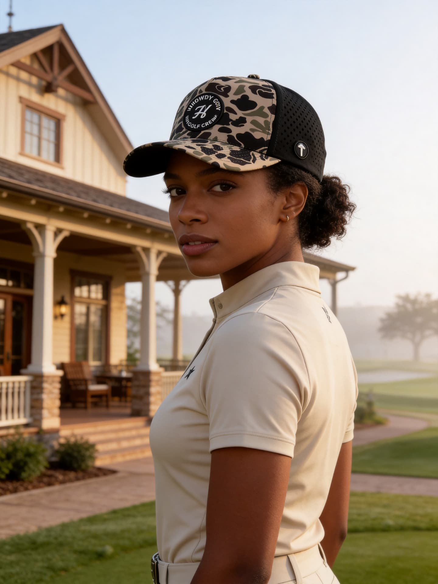 Golfer wearing the Howdy Golf Crew duck camo patch hat at sunrise