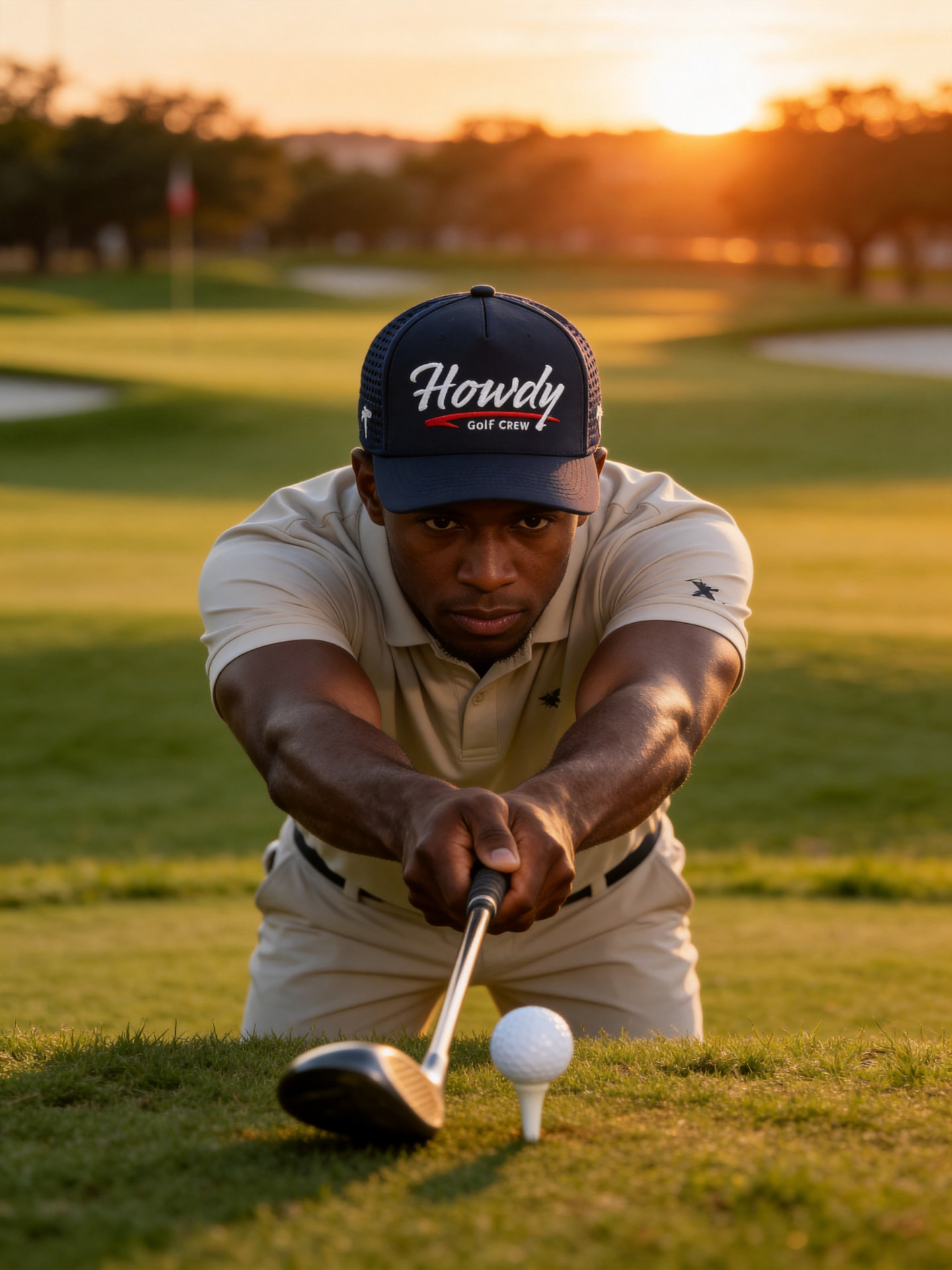 Golfer in a black Howdy Golf Crew hat teeing up a ball at sunset