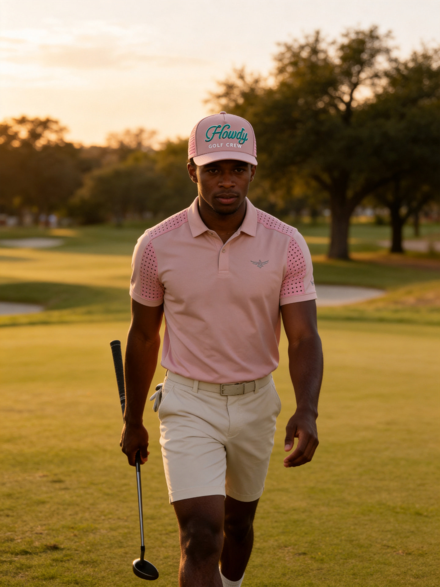 Golfer walking the fairway in a dusty rose Howdy Golf Crew hat at sunset