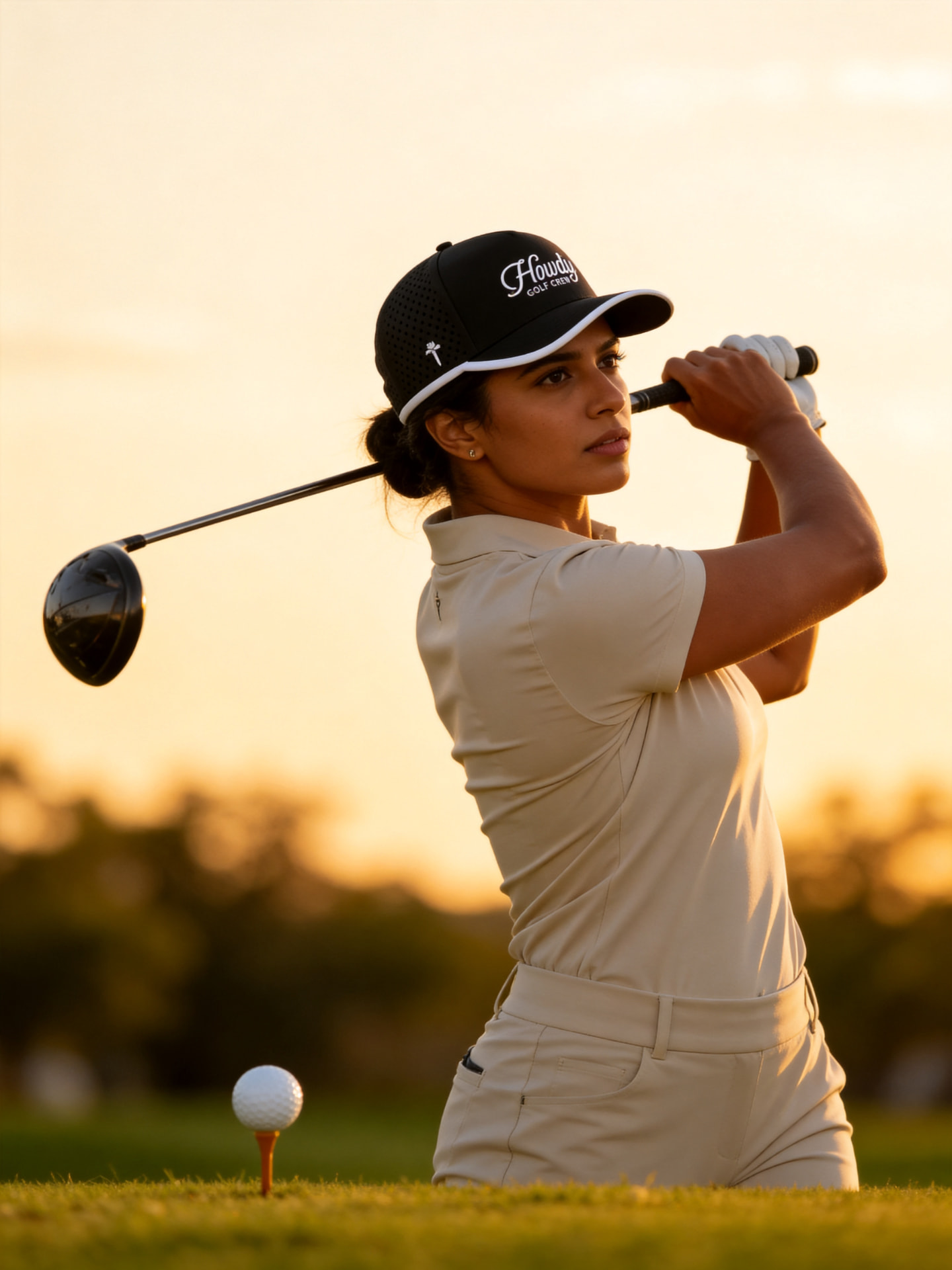 Golfer at address in a black Howdy Golf Crew hat