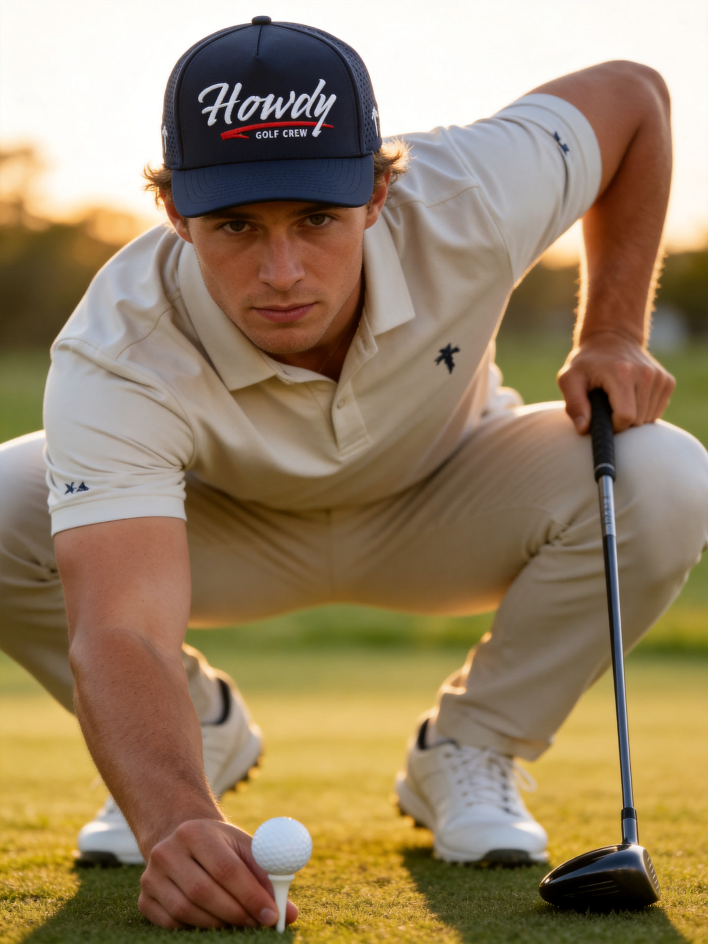 Golfer teeing up a ball in the navy Howdy Golf Crew hat