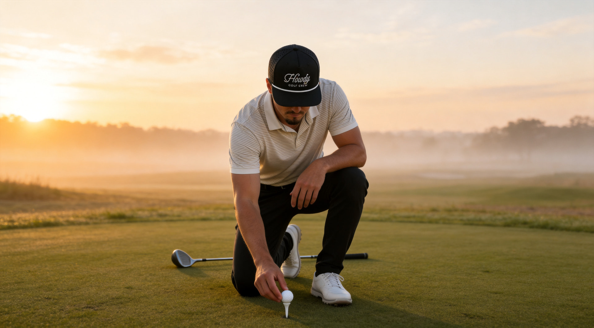 Golfer in a Howdy Golf Crew rope hat teeing up a ball at sunrise