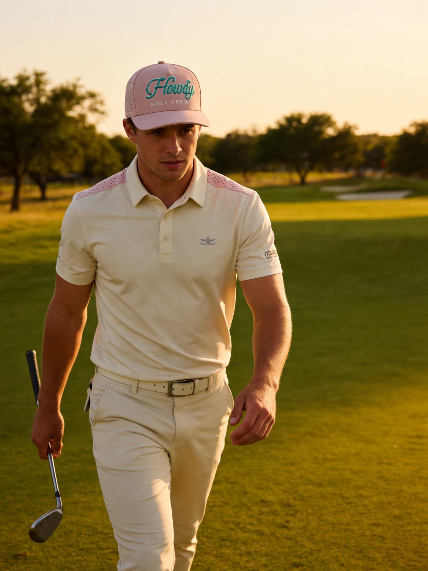 Golfer walking the fairway in the dusty rose Howdy Golf Crew hat