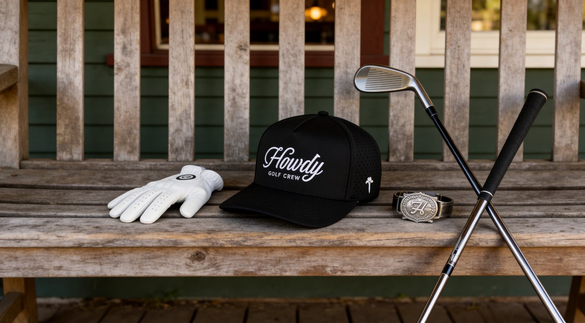 Howdy Golf Crew hat, glove and irons on a clubhouse bench