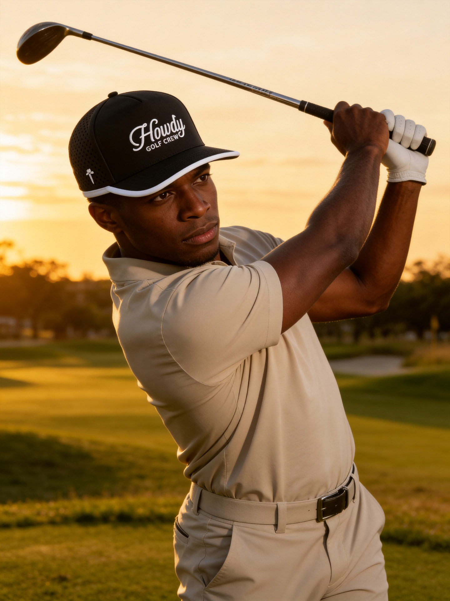 Golfer at follow-through wearing the black Howdy Golf Crew performance hat