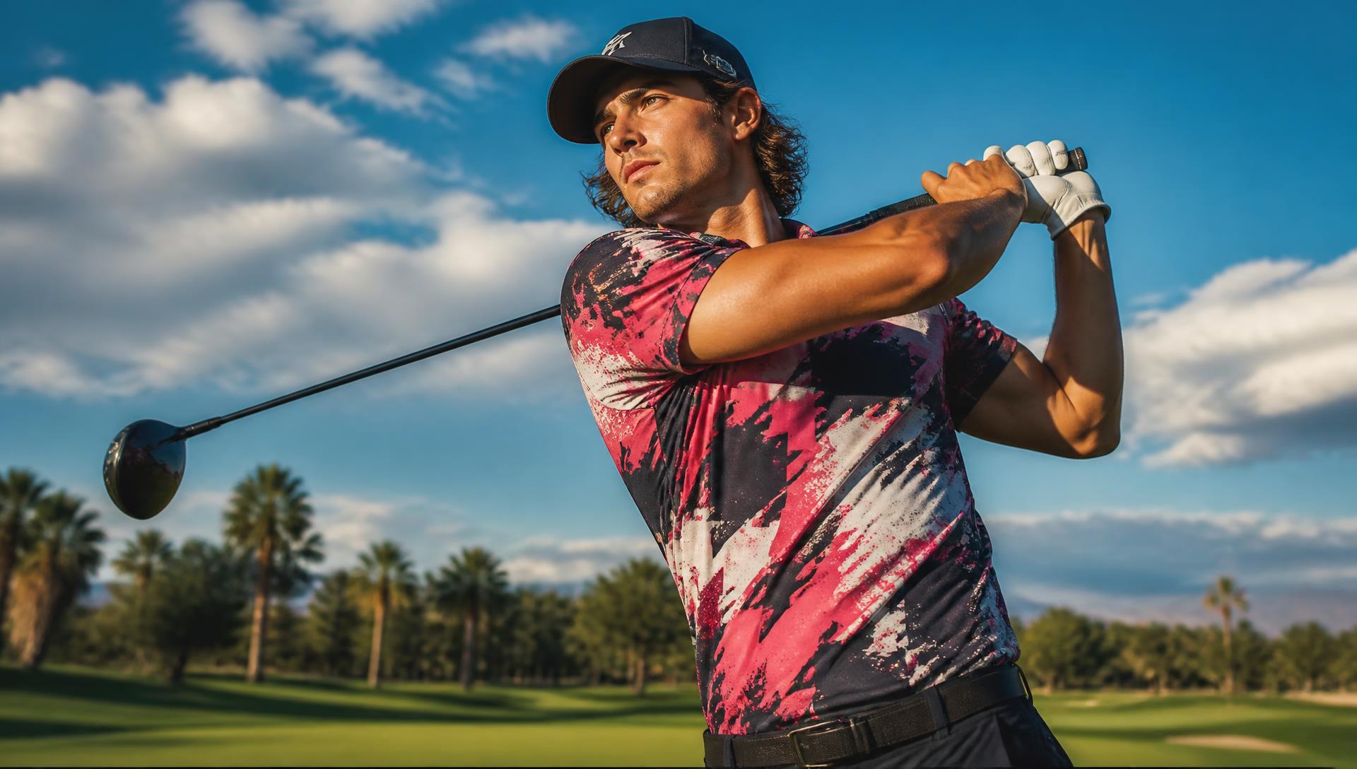 Golfer mid-swing wearing a bold patterned performance polo